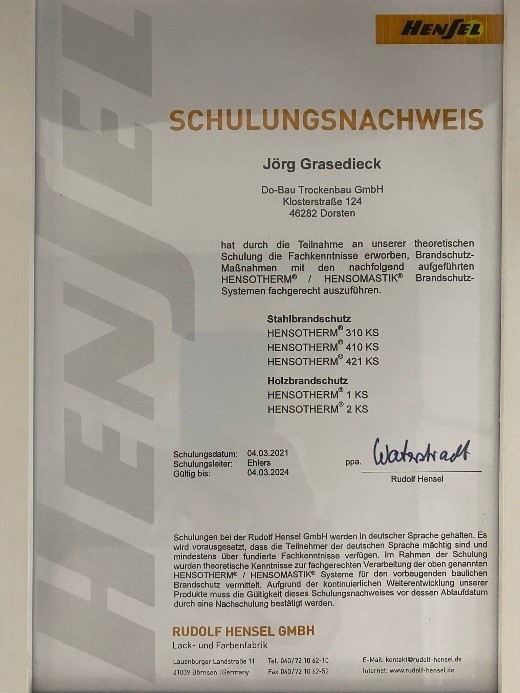 Schulungsnachweis Referenzen DO-BAU Trockenbau GmbH im Ruhrgebiet